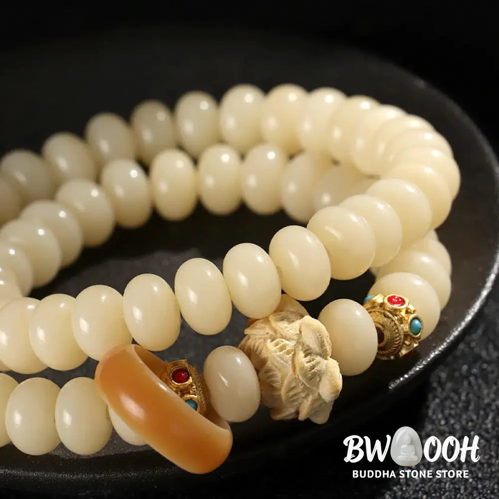 Buddha Stones Bodhi Seed Peach Wood Lotus Wealth Double Wrap Bracelet - BWOOOH - Bodhi Seed(Wrist Circumference: