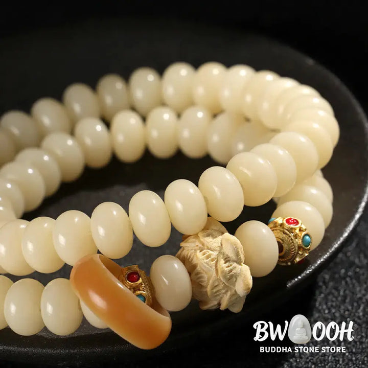 Buddha Stones Bodhi Seed Peach Wood Lotus Wealth Double Wrap Bracelet - BWOOOH - Bodhi Seed(Wrist Circumference: