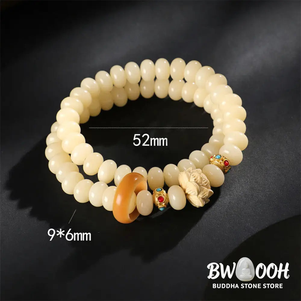 Buddha Stones Bodhi Seed Peach Wood Lotus Wealth Double Wrap Bracelet - BWOOOH - Bodhi Seed(Wrist Circumference: