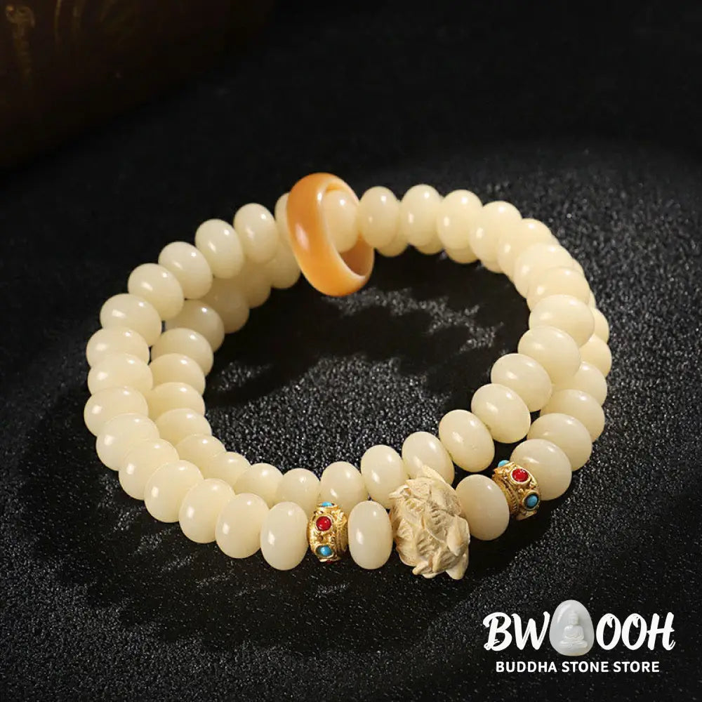 Buddha Stones Bodhi Seed Peach Wood Lotus Wealth Double Wrap Bracelet - BWOOOH - Bodhi Seed(Wrist Circumference: