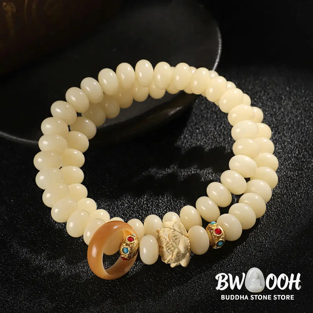 Buddha Stones Bodhi Seed Peach Wood Lotus Wealth Double Wrap Bracelet - BWOOOH - Bodhi Seed(Wrist Circumference: