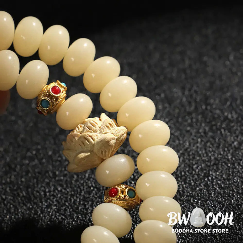 Buddha Stones Bodhi Seed Peach Wood Lotus Wealth Double Wrap Bracelet - BWOOOH - Bodhi Seed(Wrist Circumference: