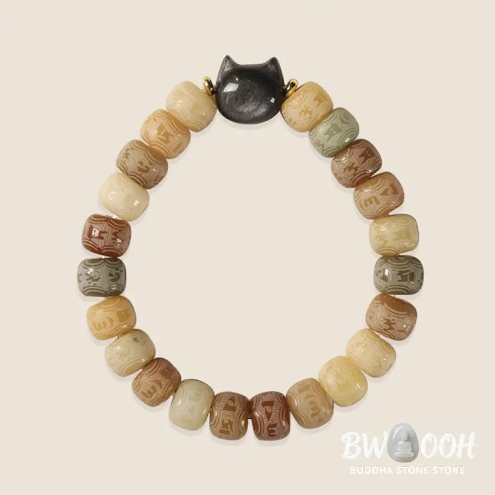 Buddha Stones Bodhi Seed Silver Sheen Obsidian Cat Head Om Mani Padme Hum Engraved Harmony Bracelet - BWOOOH - Bracelet