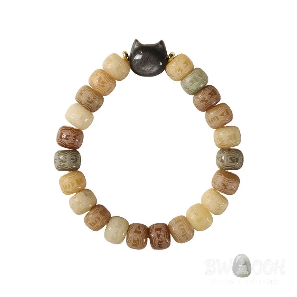 Buddha Stones Bodhi Seed Silver Sheen Obsidian Cat Head Om Mani Padme Hum Engraved Harmony Bracelet - BWOOOH - Bracelet