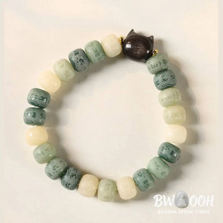 Buddha Stones Bodhi Seed Silver Sheen Obsidian Cat Head Om Mani Padme Hum Engraved Harmony Bracelet - BWOOOH - Bracelet
