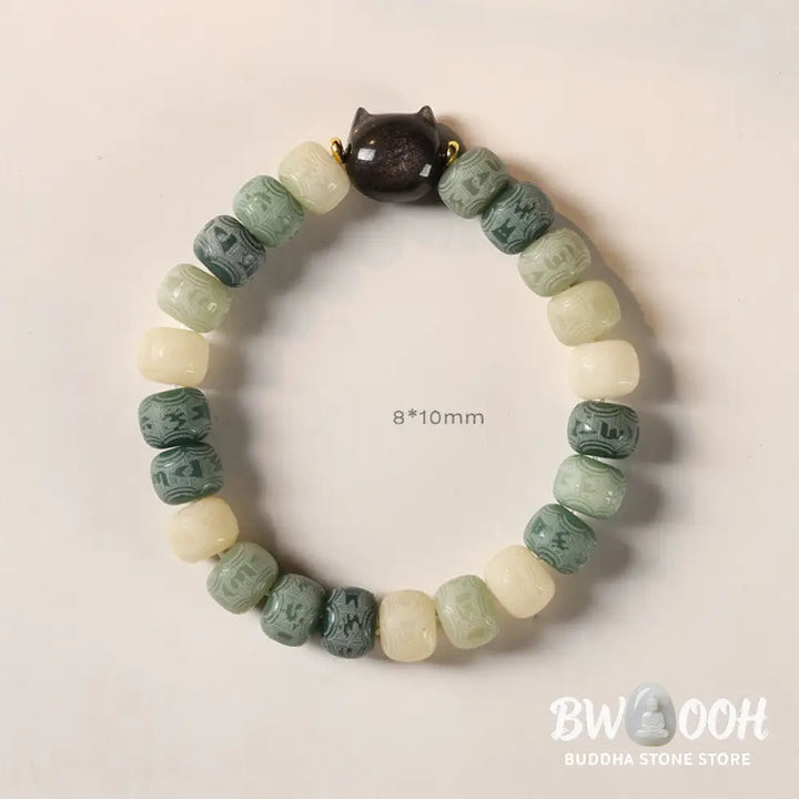 Buddha Stones Bodhi Seed Silver Sheen Obsidian Cat Head Om Mani Padme Hum Engraved Harmony Bracelet - BWOOOH - Bracelet