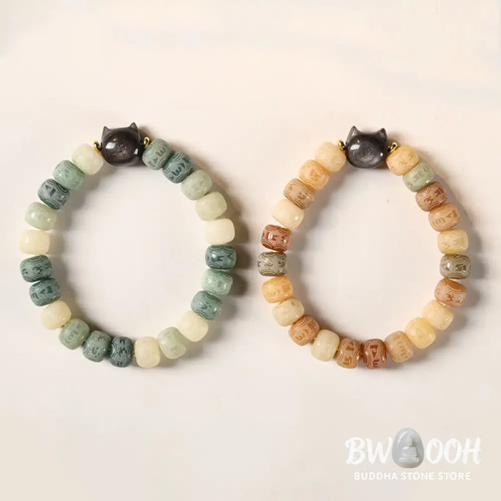 Buddha Stones Bodhi Seed Silver Sheen Obsidian Cat Head Om Mani Padme Hum Engraved Harmony Bracelet - BWOOOH - Bracelet