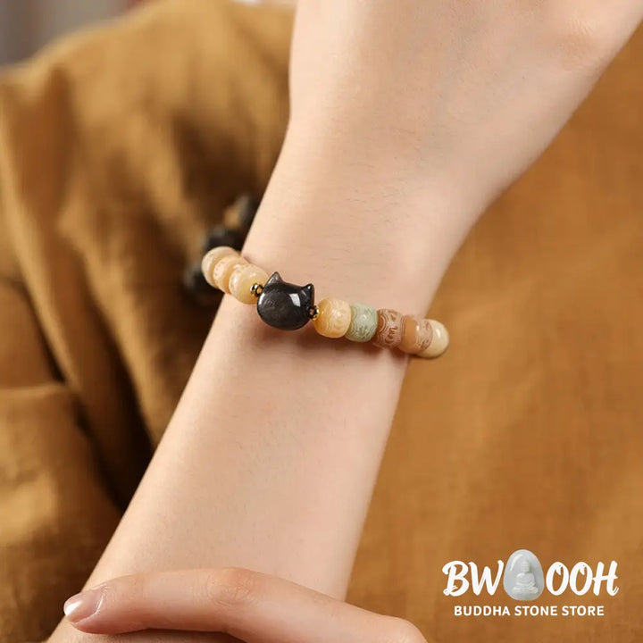 Buddha Stones Bodhi Seed Silver Sheen Obsidian Cat Head Om Mani Padme Hum Engraved Harmony Bracelet - BWOOOH - Bracelet