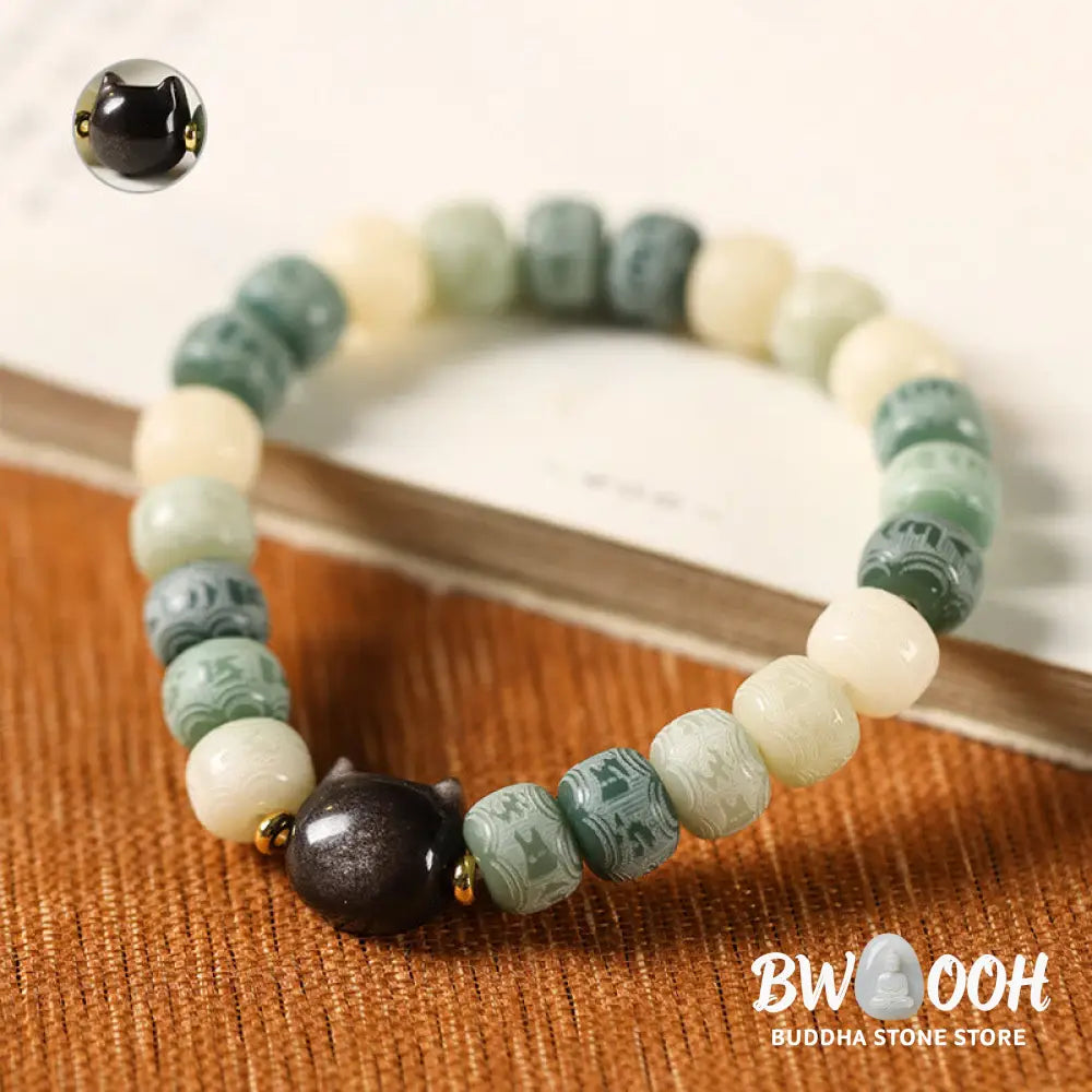 Buddha Stones Bodhi Seed Silver Sheen Obsidian Cat Head Om Mani Padme Hum Engraved Harmony Bracelet - BWOOOH - Bracelet
