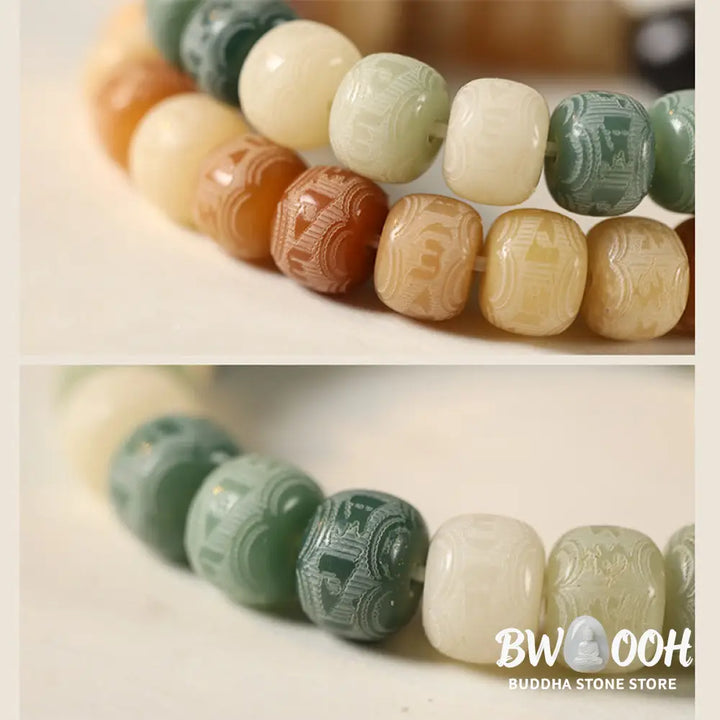 Buddha Stones Bodhi Seed Silver Sheen Obsidian Cat Head Om Mani Padme Hum Engraved Harmony Bracelet - BWOOOH - Bracelet