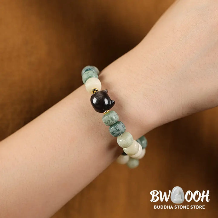 Buddha Stones Bodhi Seed Silver Sheen Obsidian Cat Head Om Mani Padme Hum Engraved Harmony Bracelet - BWOOOH - Bracelet