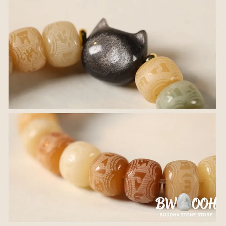 Buddha Stones Bodhi Seed Silver Sheen Obsidian Cat Head Om Mani Padme Hum Engraved Harmony Bracelet - BWOOOH - Bracelet