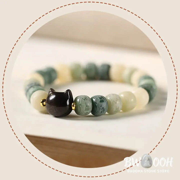 Buddha Stones Bodhi Seed Silver Sheen Obsidian Cat Head Om Mani Padme Hum Engraved Harmony Bracelet - BWOOOH - Bracelet