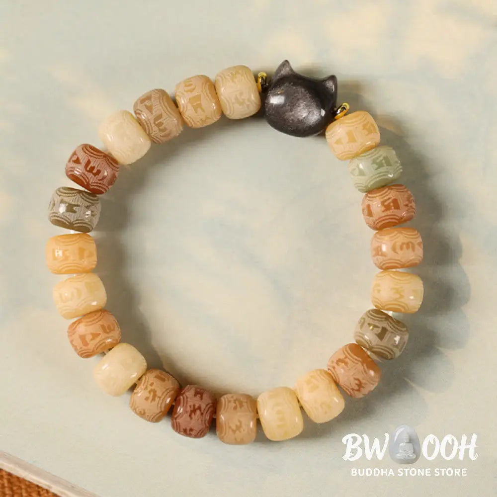Buddha Stones Bodhi Seed Silver Sheen Obsidian Cat Head Om Mani Padme Hum Engraved Harmony Bracelet - BWOOOH - Bracelet