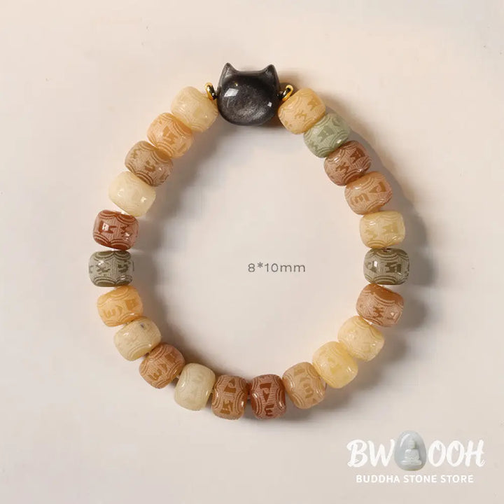 Buddha Stones Bodhi Seed Silver Sheen Obsidian Cat Head Om Mani Padme Hum Engraved Harmony Bracelet - BWOOOH - Bracelet