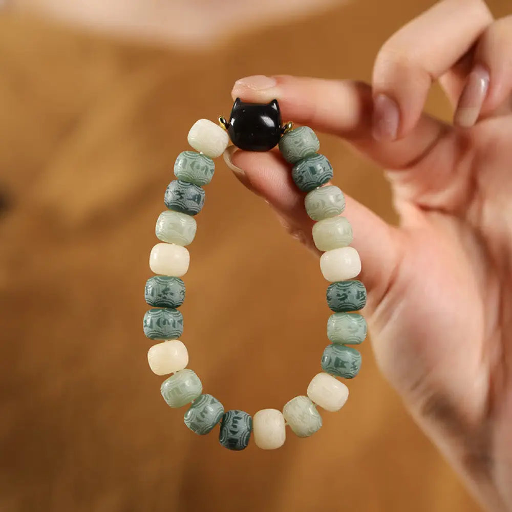 Buddha Stones Bodhi Seed Silver Sheen Obsidian Cat Head Om Mani Padme Hum Engraved Harmony Bracelet - BWOOOH - Green