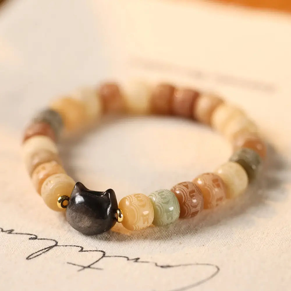 BWOOOH Bodhi Seed Silver Sheen Obsidian Cat Head Om Mani Padme Hum Engraved Harmony Bracelet - BWOOOH - Yellow