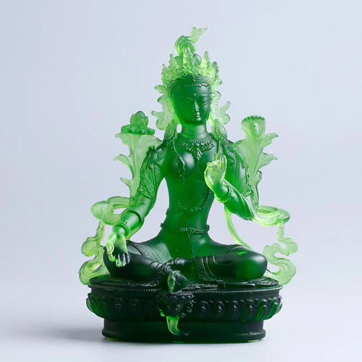 BWOOOH Bodhisattva Green Tara Handmade Liuli Crystal Art Piece Protection Home Office Statue Decoration