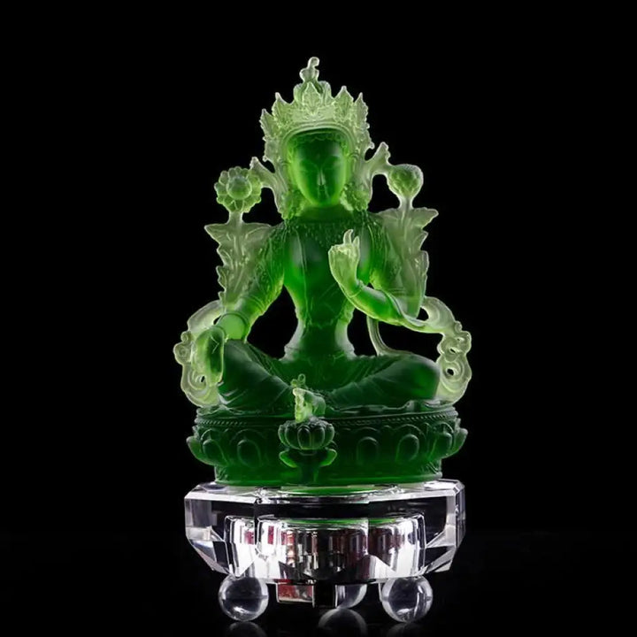 BWOOOH Bodhisattva Green Tara Handmade Liuli Crystal Art Piece Protection Home Office Statue Decoration