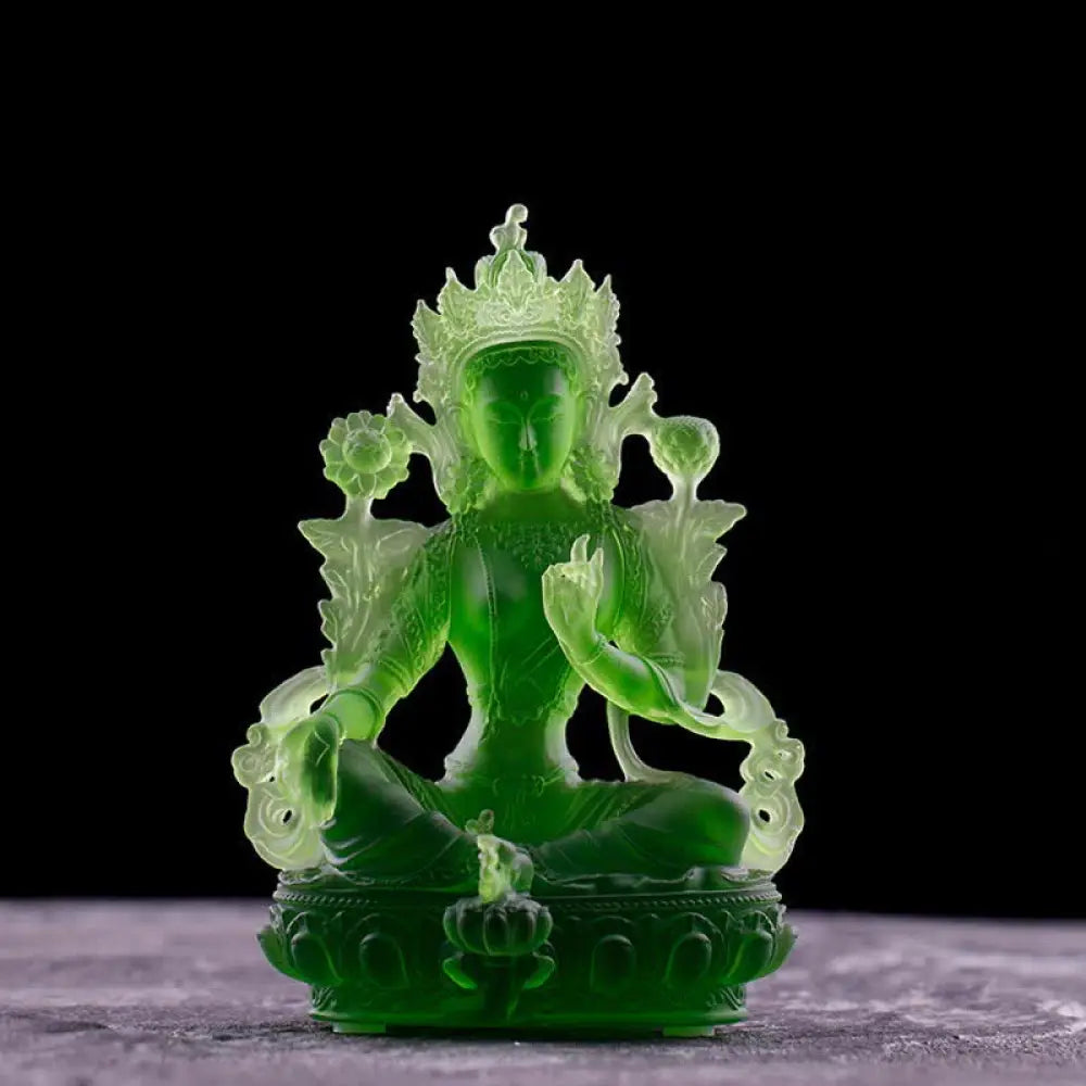 BWOOOH Bodhisattva Green Tara Handmade Liuli Crystal Art Piece Protection Home Office Statue Decoration