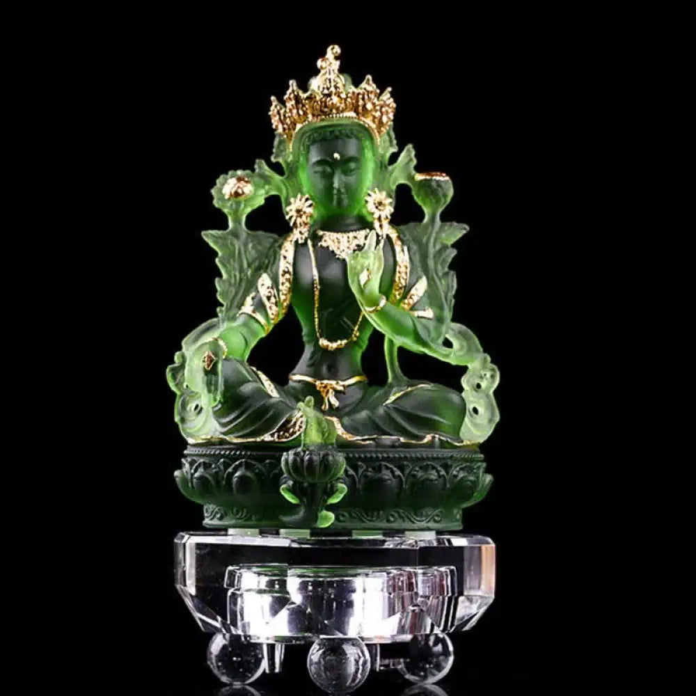 BWOOOH Bodhisattva Green Tara Handmade Liuli Crystal Art Piece Protection Home Office Statue Decoration