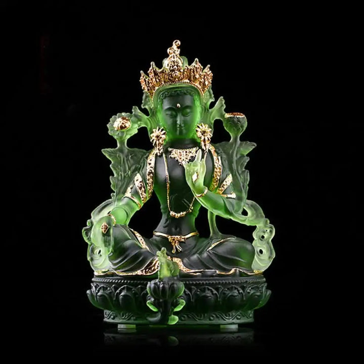 BWOOOH Bodhisattva Green Tara Handmade Liuli Crystal Art Piece Protection Home Office Statue Decoration