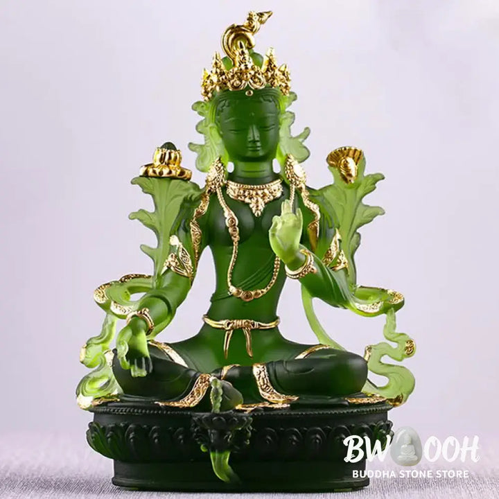 BWOOOH Bodhisattva Green Tara Handmade Liuli Crystal Art Piece Protection Home Office Statue Decoration