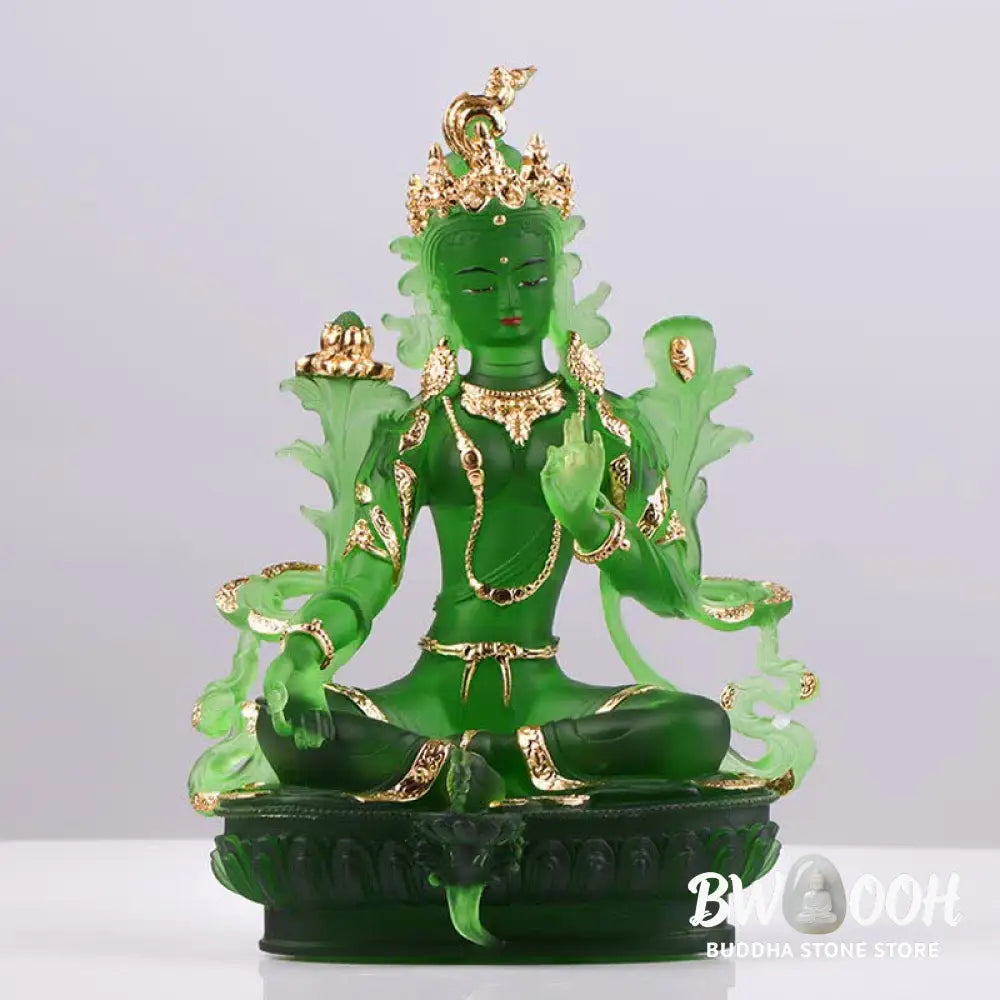 BWOOOH Bodhisattva Green Tara Handmade Liuli Crystal Art Piece Protection Home Office Statue Decoration