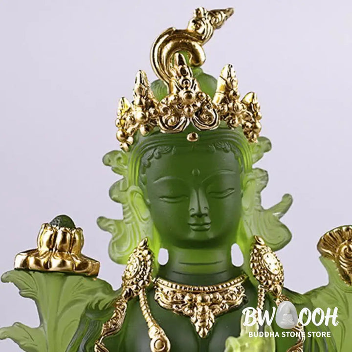 BWOOOH Bodhisattva Green Tara Handmade Liuli Crystal Art Piece Protection Home Office Statue Decoration