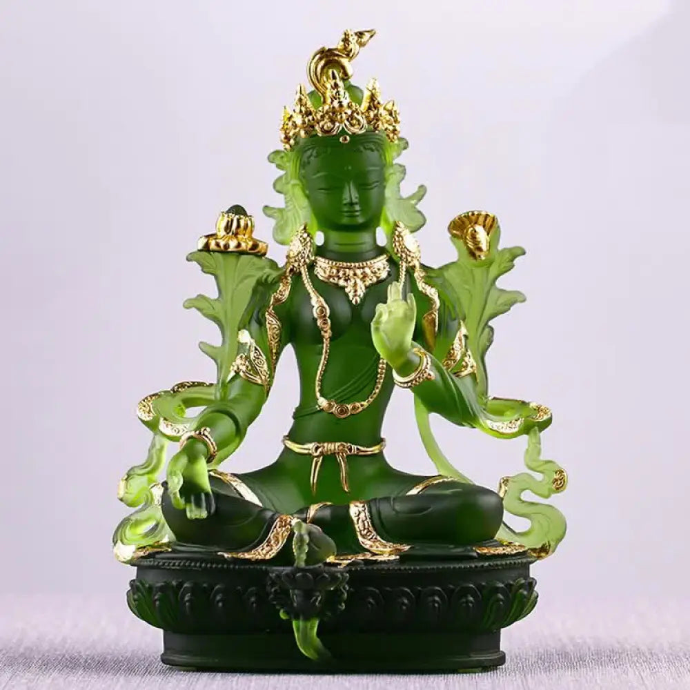 BWOOOH Bodhisattva Green Tara Handmade Liuli Crystal Art Piece Protection Home Office Statue Decoration