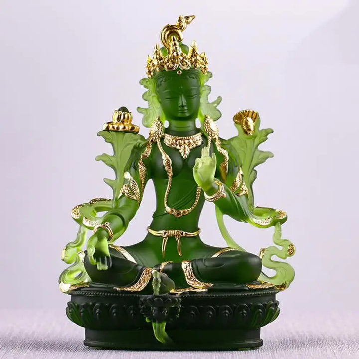 BWOOOH Bodhisattva Green Tara Handmade Liuli Crystal Art Piece Protection Home Office Statue Decoration