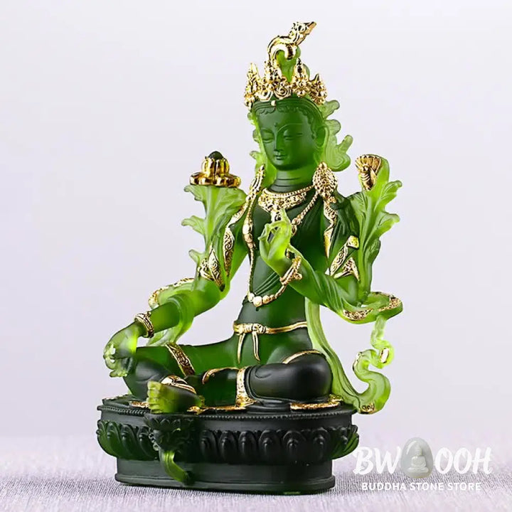 BWOOOH Bodhisattva Green Tara Handmade Liuli Crystal Art Piece Protection Home Office Statue Decoration