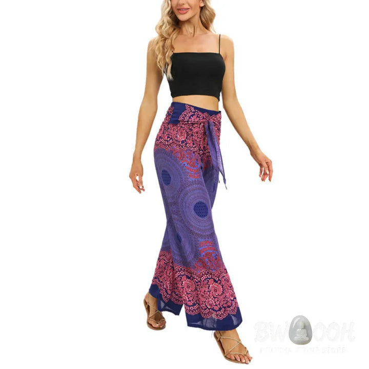BWOOOH printed wide-leg yoga pants - Bohemian Compass Flower Print Lace-up Wi