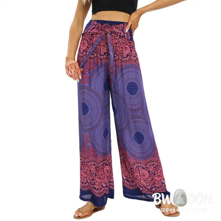 BWOOOH printed wide-leg yoga pants - Bohemian Compass Flower Print Lace-up Wi