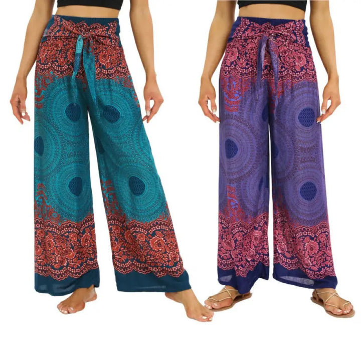 BWOOOH printed wide-leg yoga pants - Bohemian Compass Flower Print Lace-up Wi