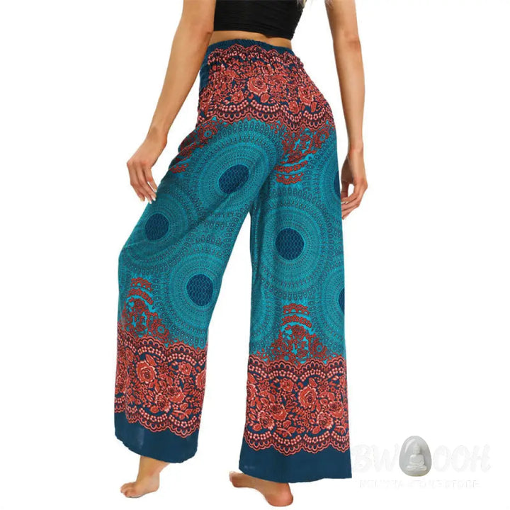 BWOOOH printed wide-leg yoga pants - Bohemian Compass Flower Print Lace-up Wi