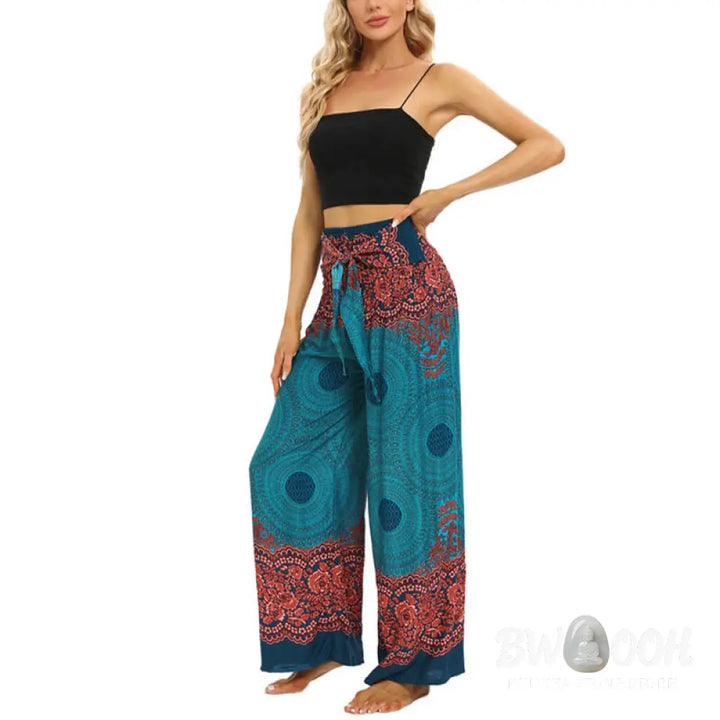 BWOOOH printed wide-leg yoga pants - Bohemian Compass Flower Print Lace-up Wi