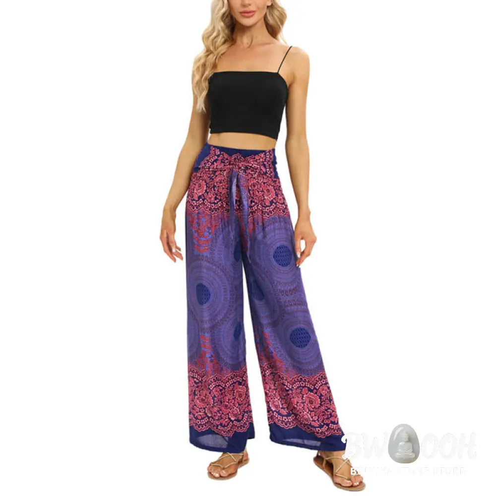 BWOOOH printed wide-leg yoga pants - Bohemian Compass Flower Print Lace-up Wi