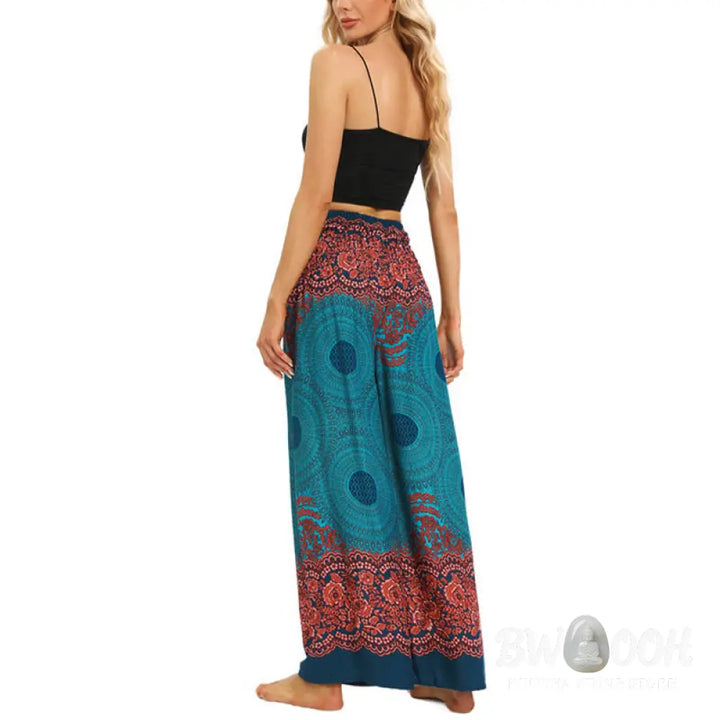 BWOOOH printed wide-leg yoga pants - Bohemian Compass Flower Print Lace-up Wi
