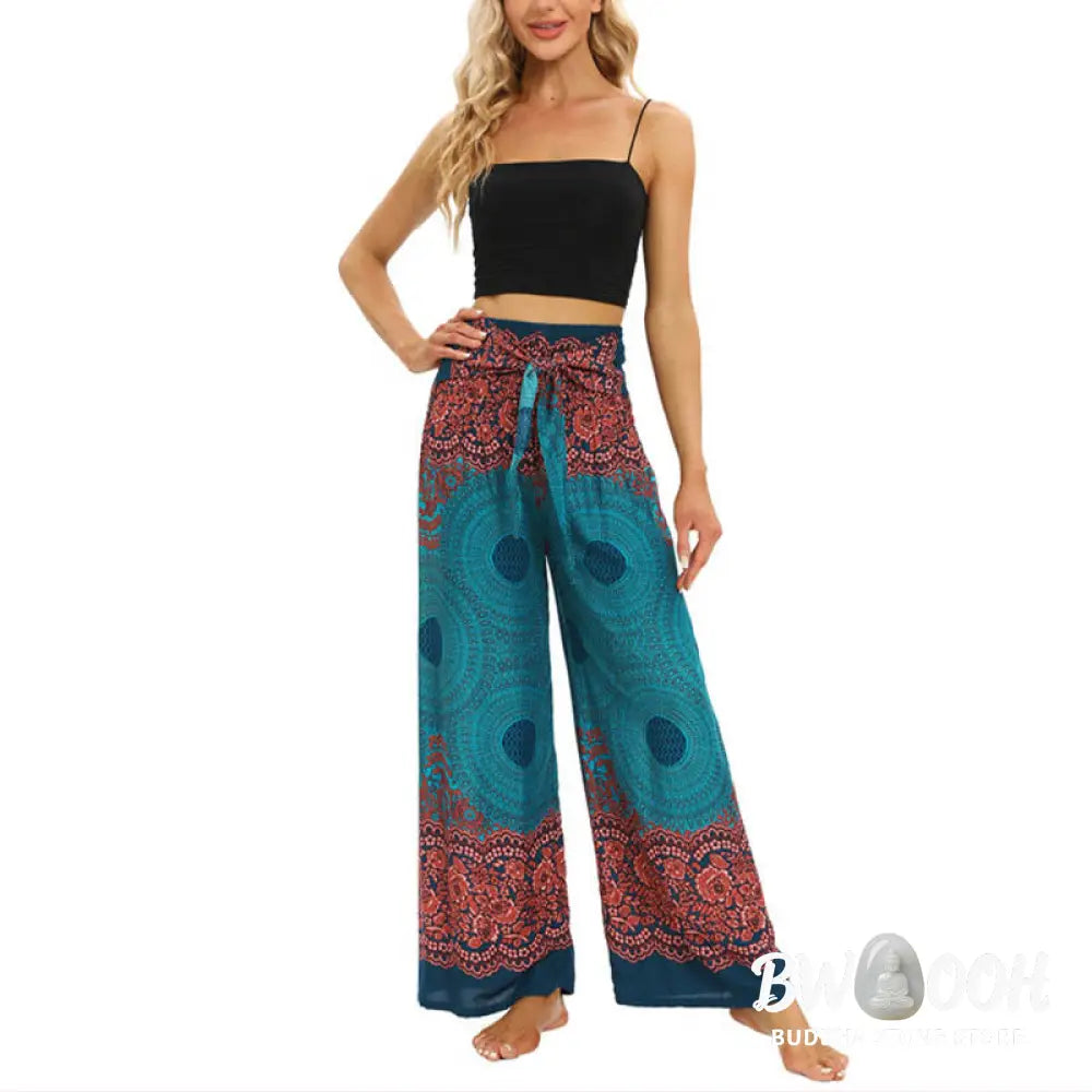 BWOOOH printed wide-leg yoga pants - Bohemian Compass Flower Print Lace-up Wi