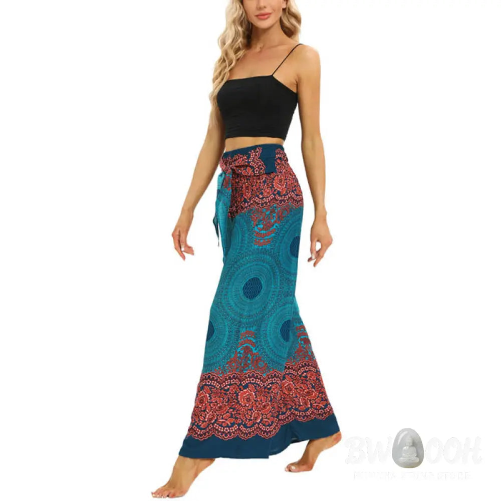 BWOOOH printed wide-leg yoga pants - Bohemian Compass Flower Print Lace-up Wi
