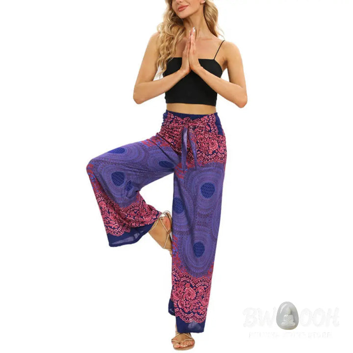 BWOOOH printed wide-leg yoga pants - Bohemian Compass Flower Print Lace-up Wi