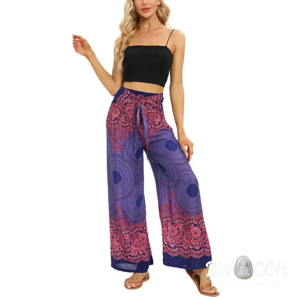 BWOOOH printed wide-leg yoga pants - Bohemian Compass Flower Print Lace-up Wi