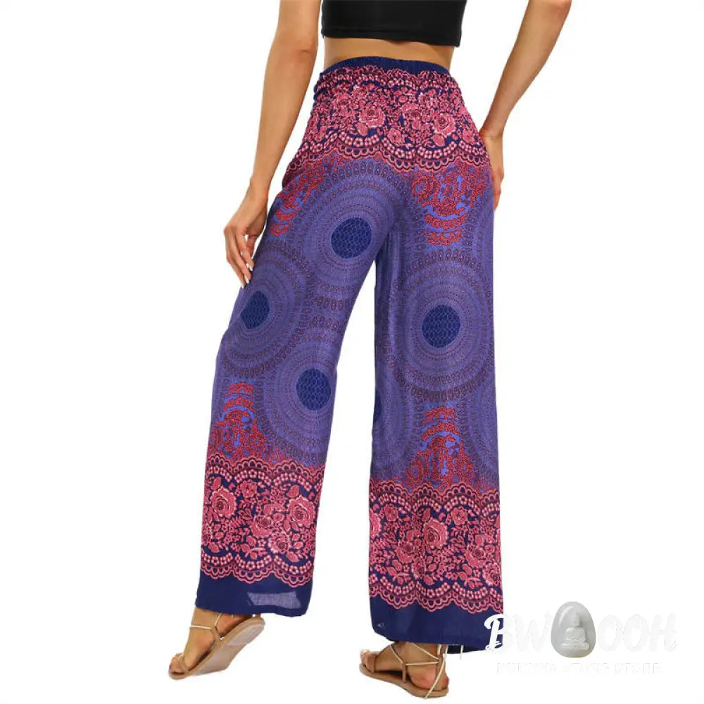 BWOOOH printed wide-leg yoga pants - Bohemian Compass Flower Print Lace-up Wi