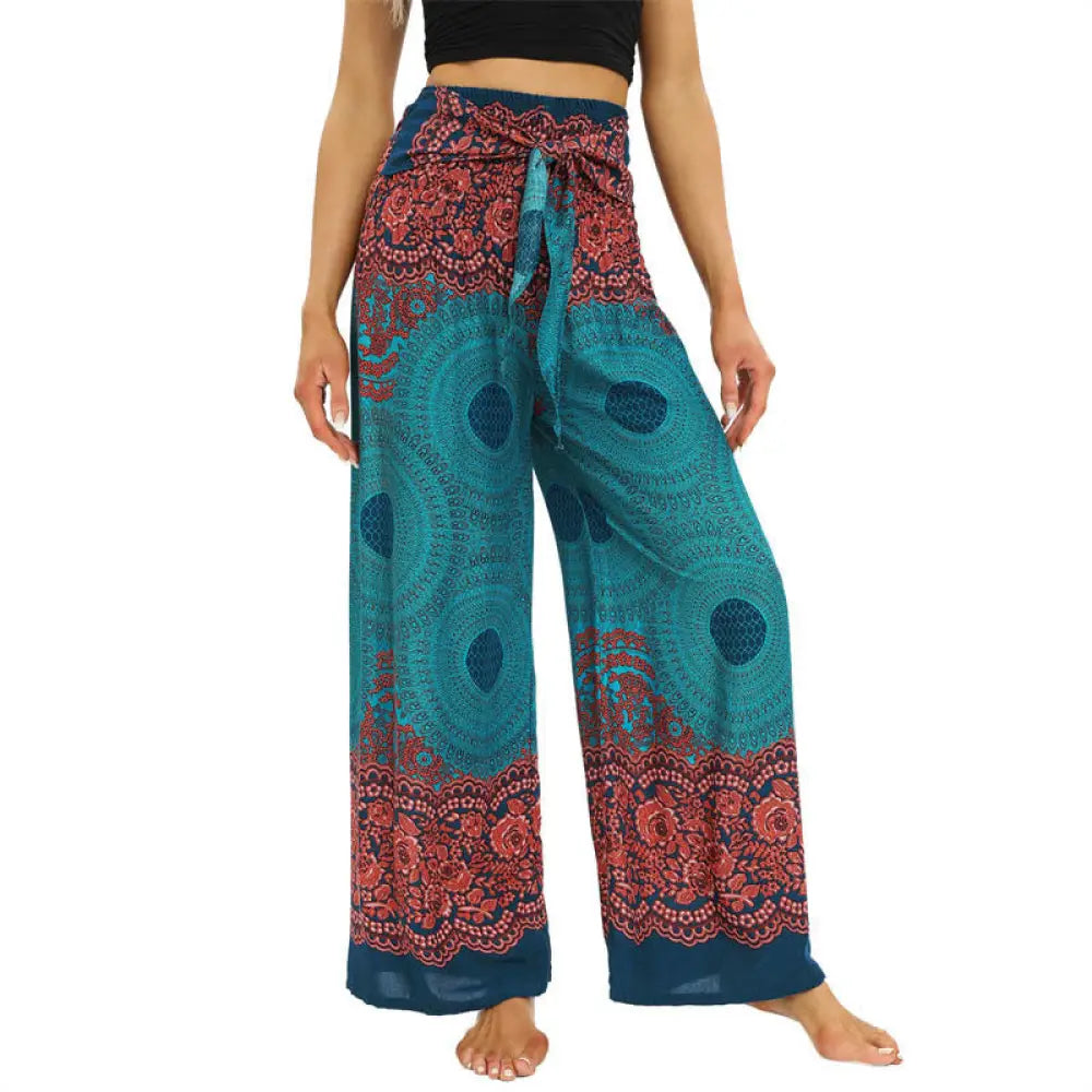 BWOOOH printed wide-leg yoga pants - Bohemian Compass Flower Print Lace-up Wi