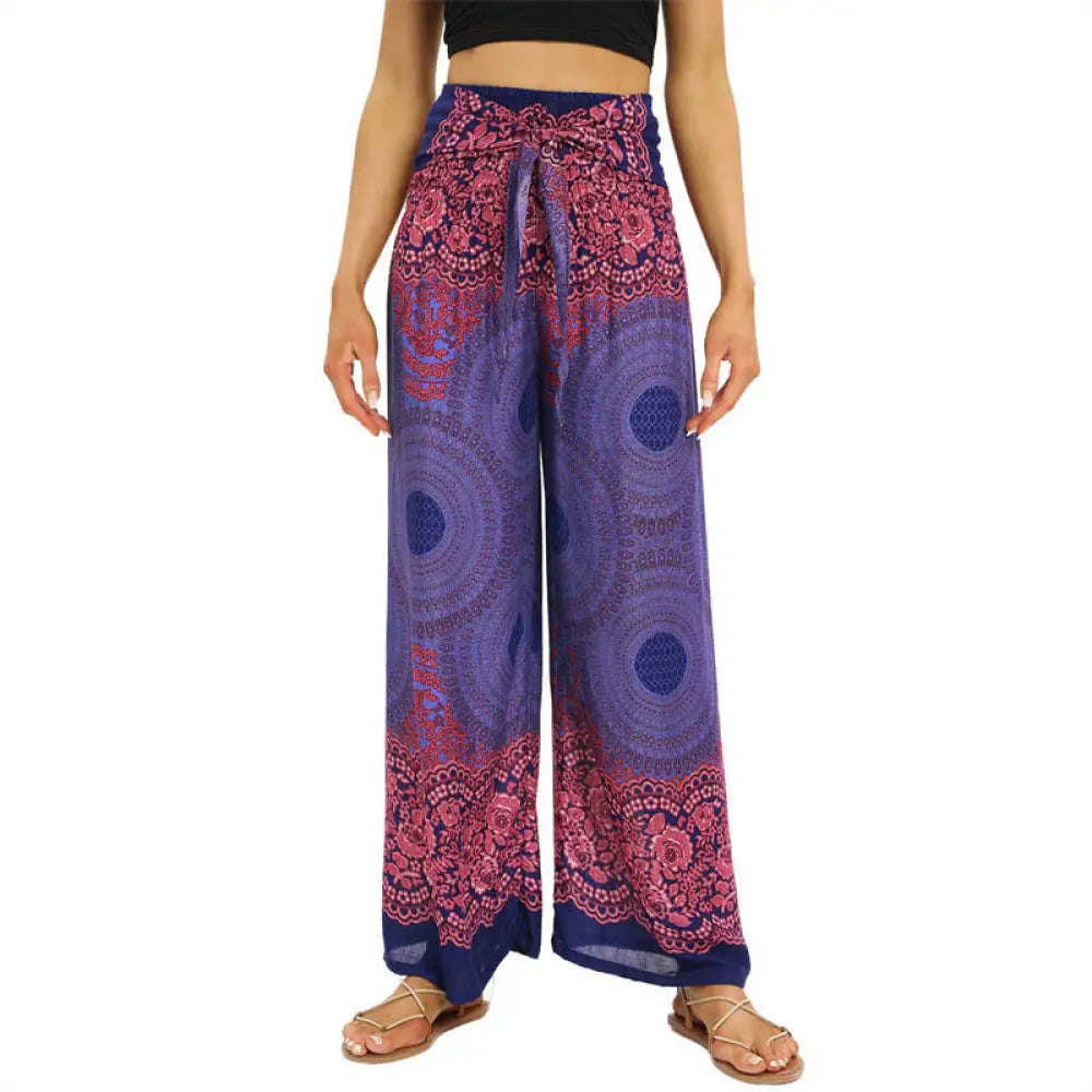 BWOOOH printed wide-leg yoga pants - Bohemian Compass Flower Print Lace-up Wi