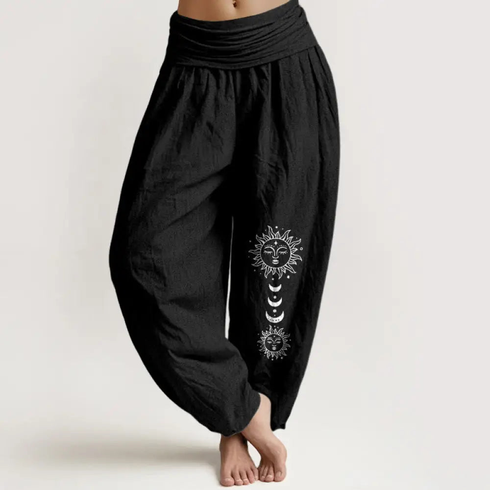 Buddha Stones Bohemian Sun Moon Pattern Women’s Elastic Waist Harem Pure Cotton Pants - Black / US2，UK/AU6，EU34 (XS)