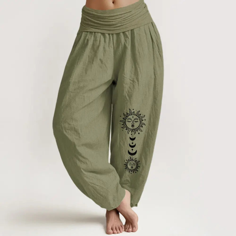 Buddha Stones Bohemian Sun Moon Pattern Women’s Elastic Waist Harem Pure Cotton Pants - OliveDrab / US2，UK/AU6，EU34