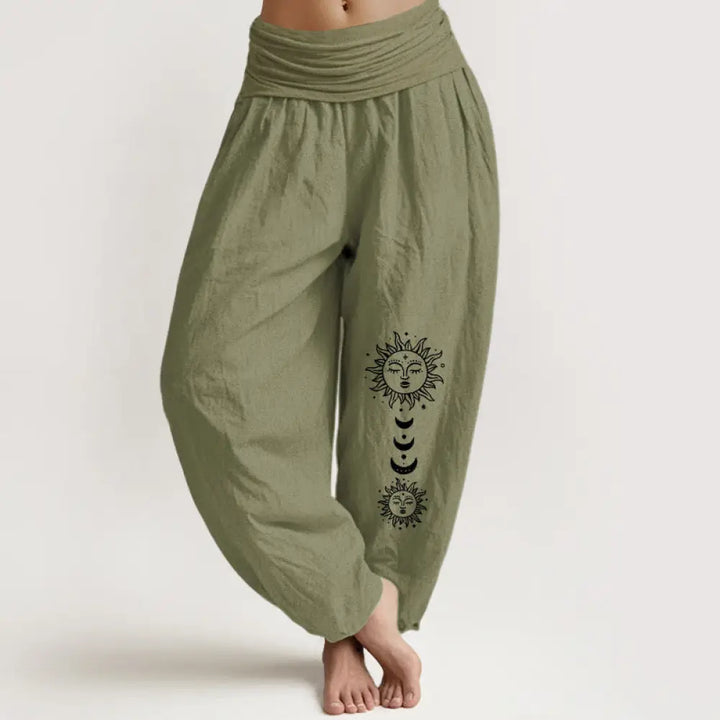 Buddha Stones Bohemian Sun Moon Pattern Women’s Elastic Waist Harem Pure Cotton Pants - OliveDrab / US2，UK/AU6，EU34