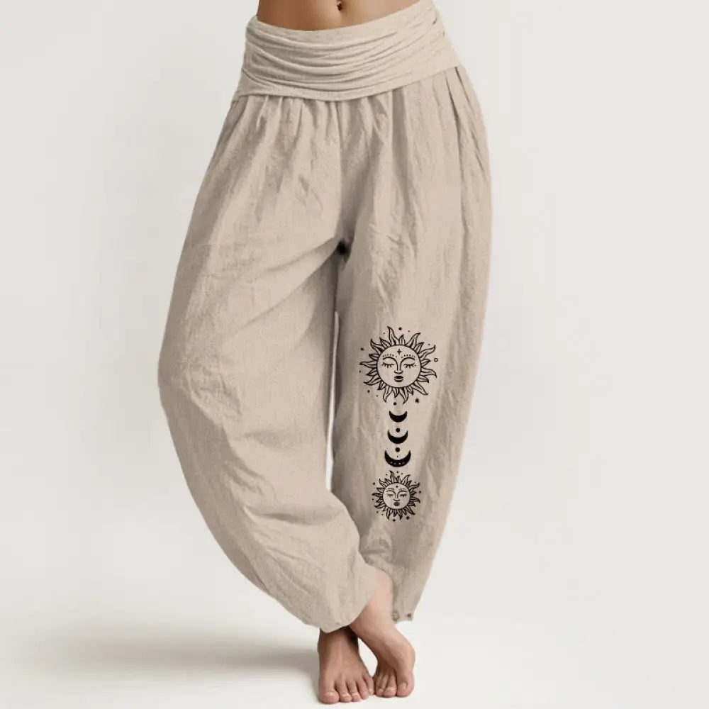 Buddha Stones Bohemian Sun Moon Pattern Women’s Elastic Waist Harem Pure Cotton Pants - Tan / US2，UK/AU6，EU34 (XS)